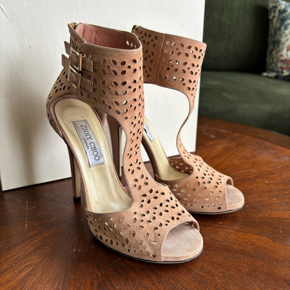 Jimmy Choo Cutout Nude Suede Stilleto heels